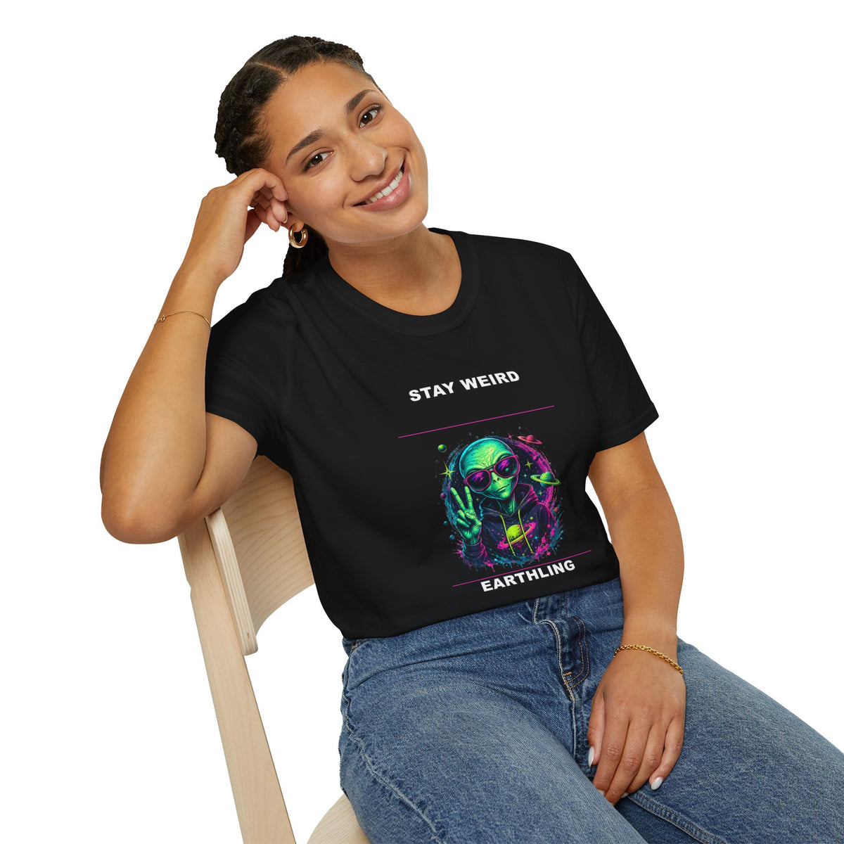 Stay Weird Alien Graphic T-Shirt | Neon Alien Earthling Design