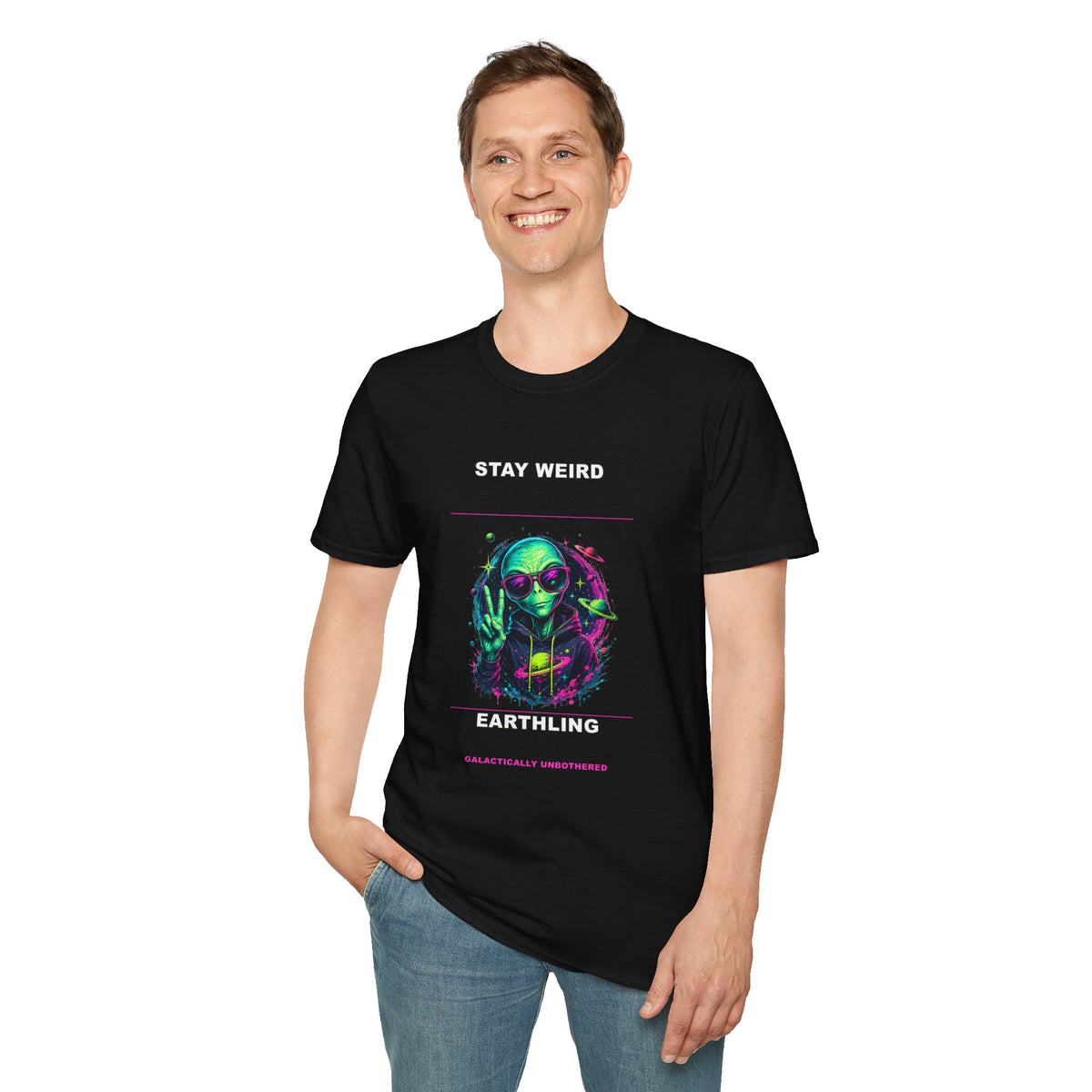 Stay Weird Alien Graphic T-Shirt | Neon Alien Earthling Design