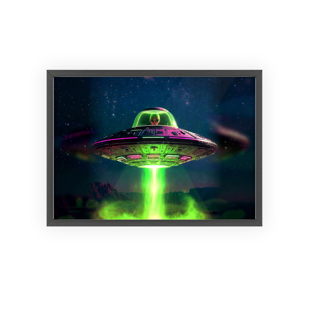 Neon UFO Abduction Poster with Wooden Frame | Alien Spaceship Wall Art