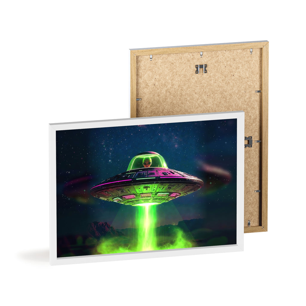 Neon UFO Abduction Poster with Wooden Frame | Alien Spaceship Wall Art