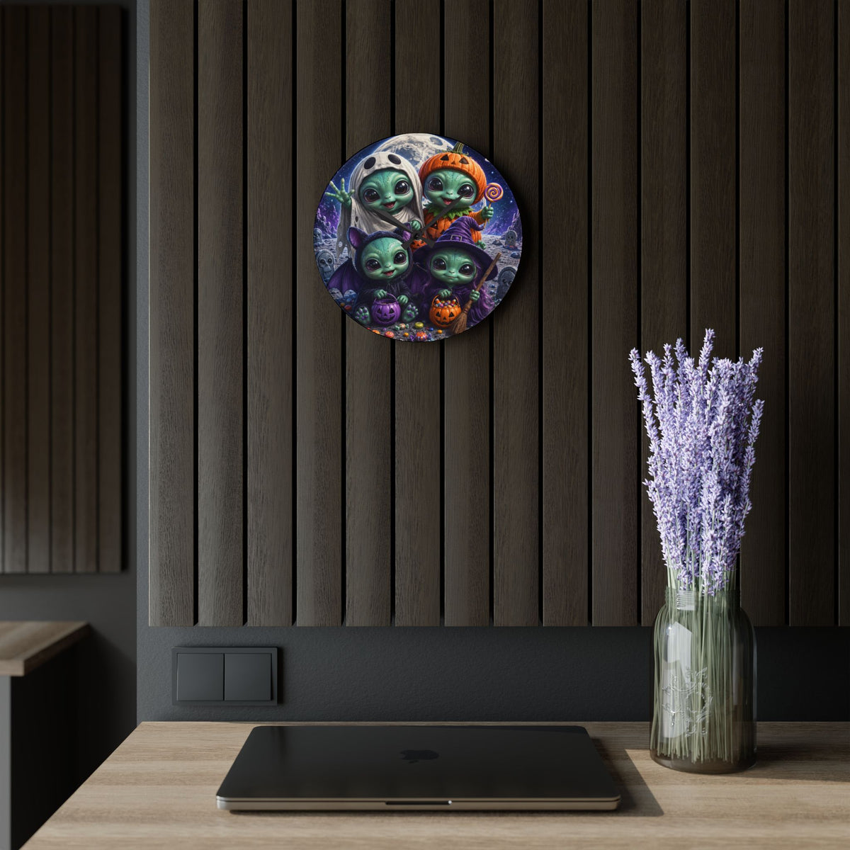 Alien Babies Halloween Acrylic Wall Clock | Cute Spooky Costume Artwork