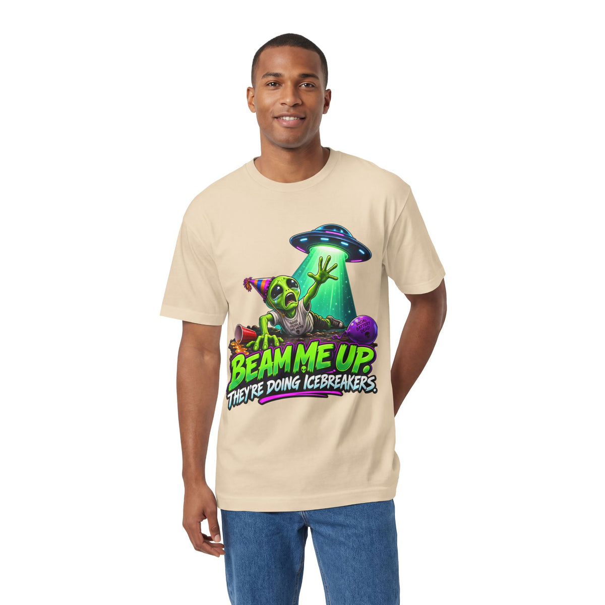 Beam Me Up Alien Tee — "Beam Me Up They're Doing Icebreakers" Graphic T-Shirt