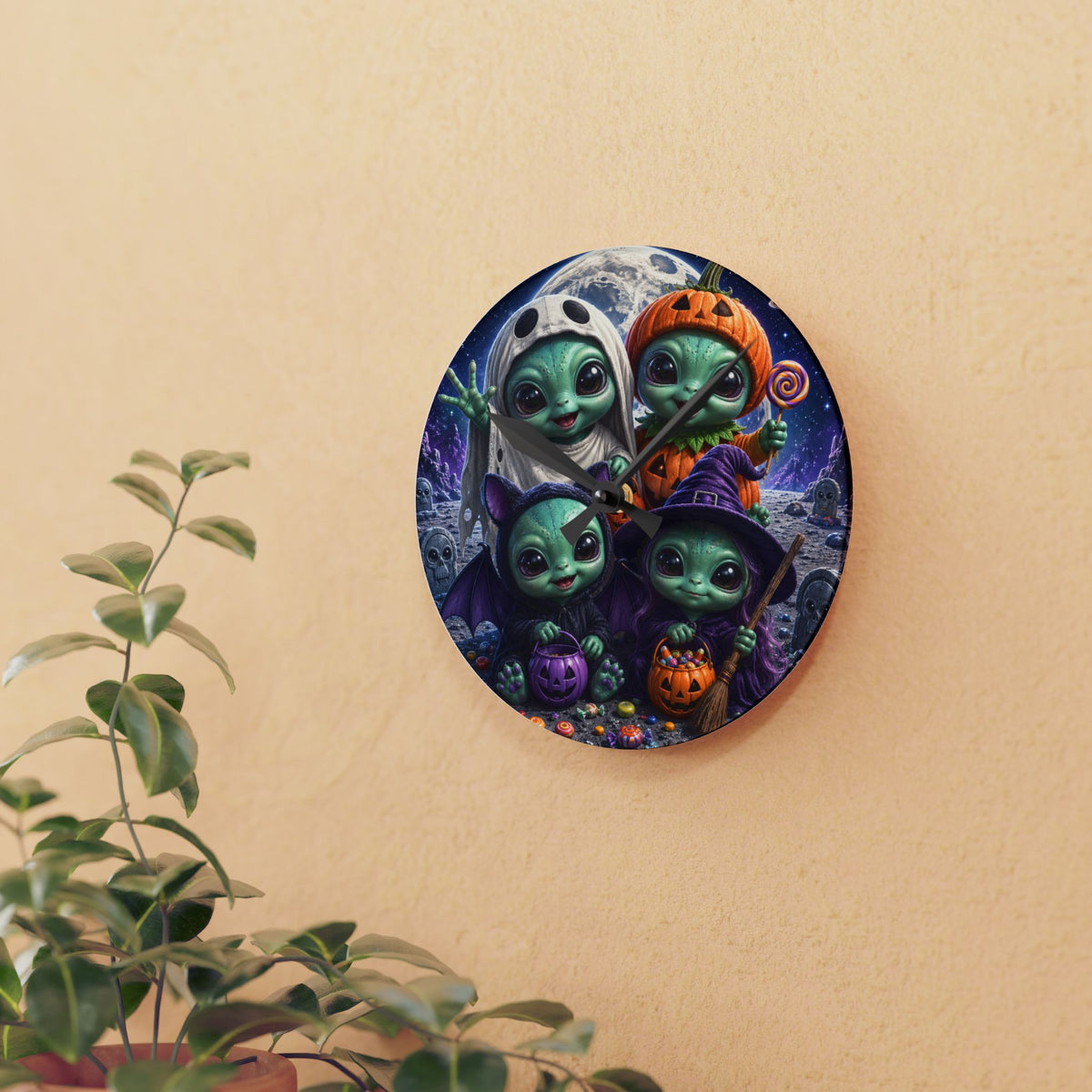 Alien Babies Halloween Acrylic Wall Clock | Cute Spooky Costume Artwork