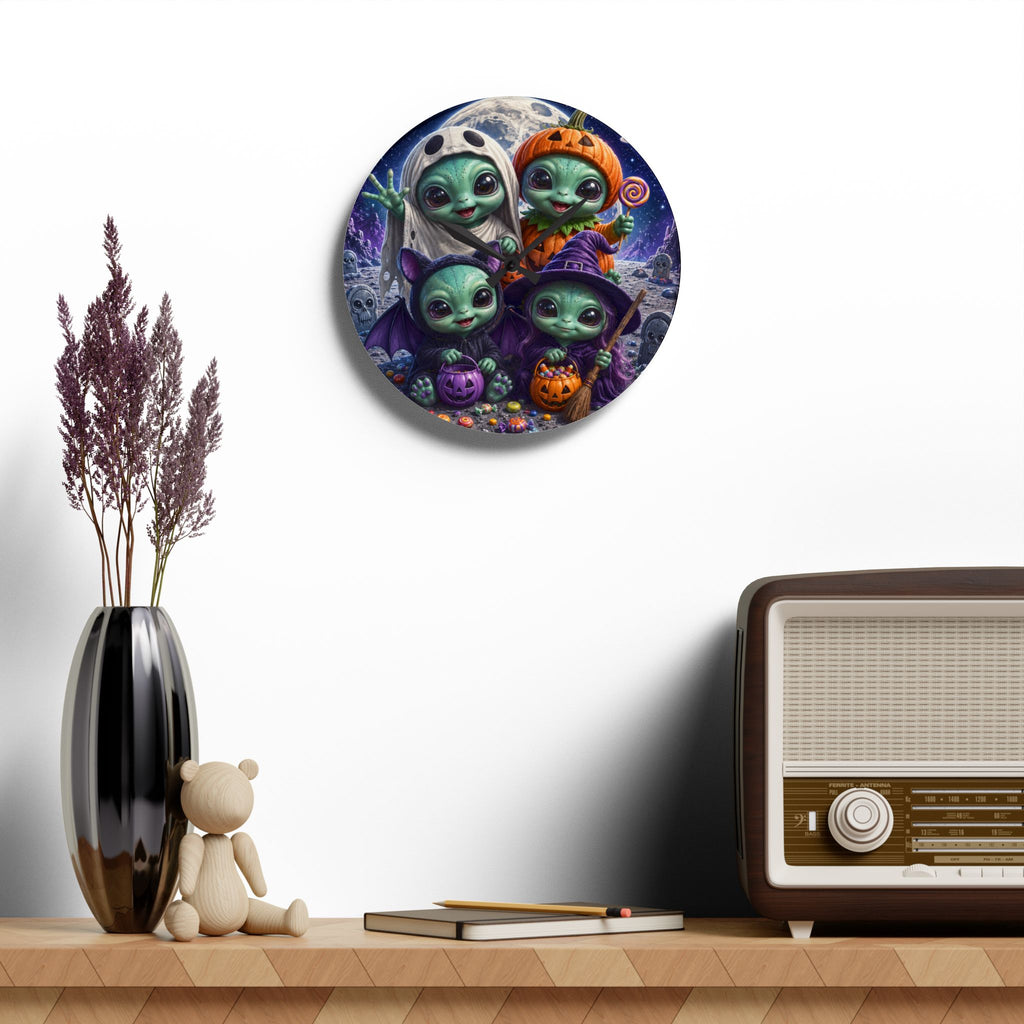 Alien Babies Halloween Acrylic Wall Clock | Cute Spooky Costume Artwork
