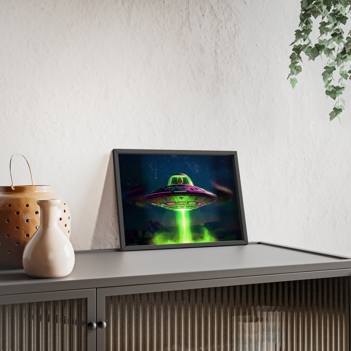 Neon UFO Poster | Alien Spaceship Wall Art, Framed Poster