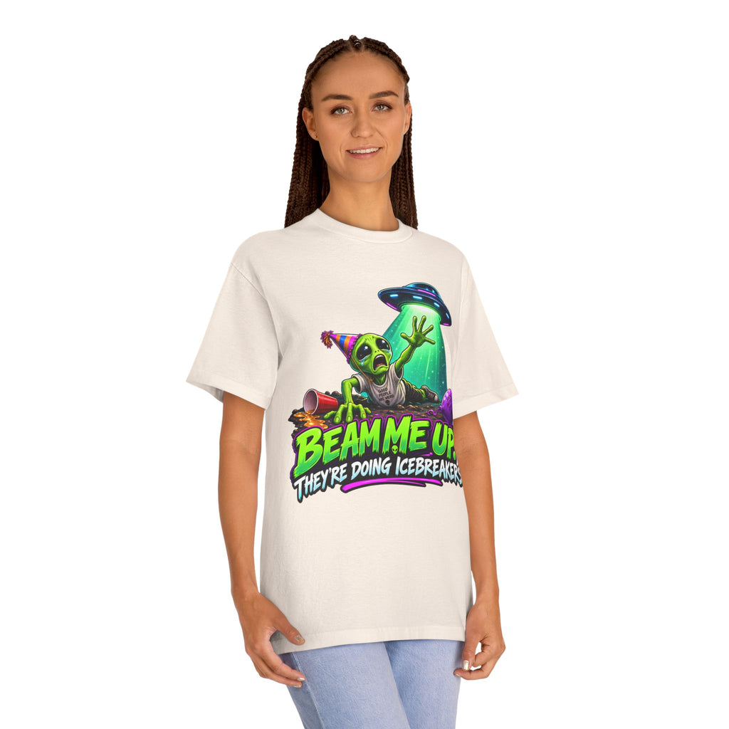 Beam Me Up Alien Tee — "Beam Me Up They're Doing Icebreakers" Graphic T-Shirt