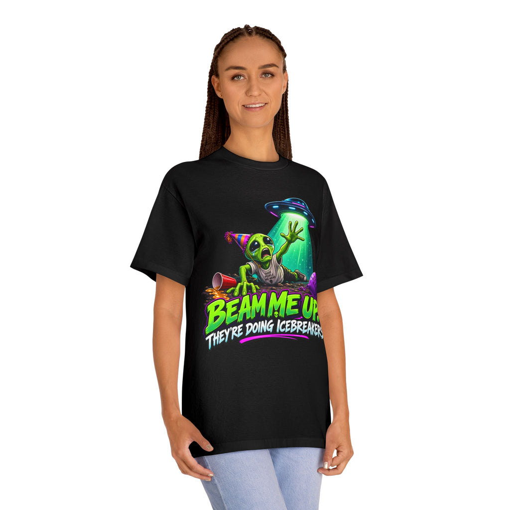 Beam Me Up Alien Tee — "Beam Me Up They're Doing Icebreakers" Graphic T-Shirt