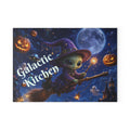 Galactic Kitchen witch baby on broom Glass Cutting Board | Halloween pumpkin moon scene