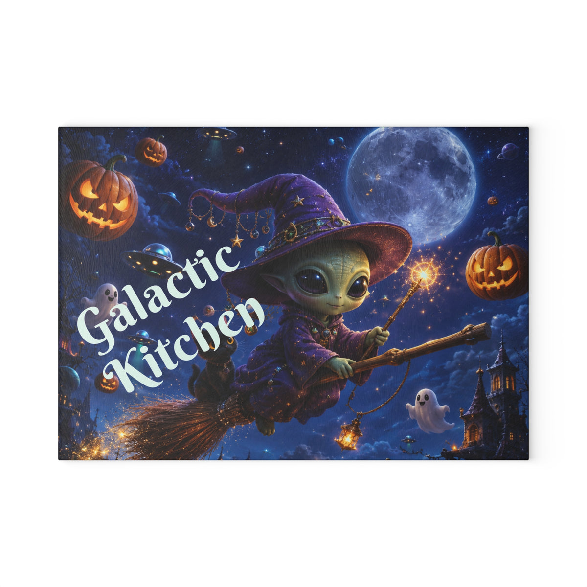 Galactic Kitchen witch baby on broom Glass Cutting Board | Halloween pumpkin moon scene