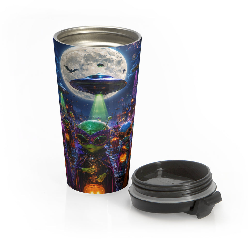 Alien Halloween travel mug with its black screw-on lid removed and placed beside it, revealing the stainless steel interior.
