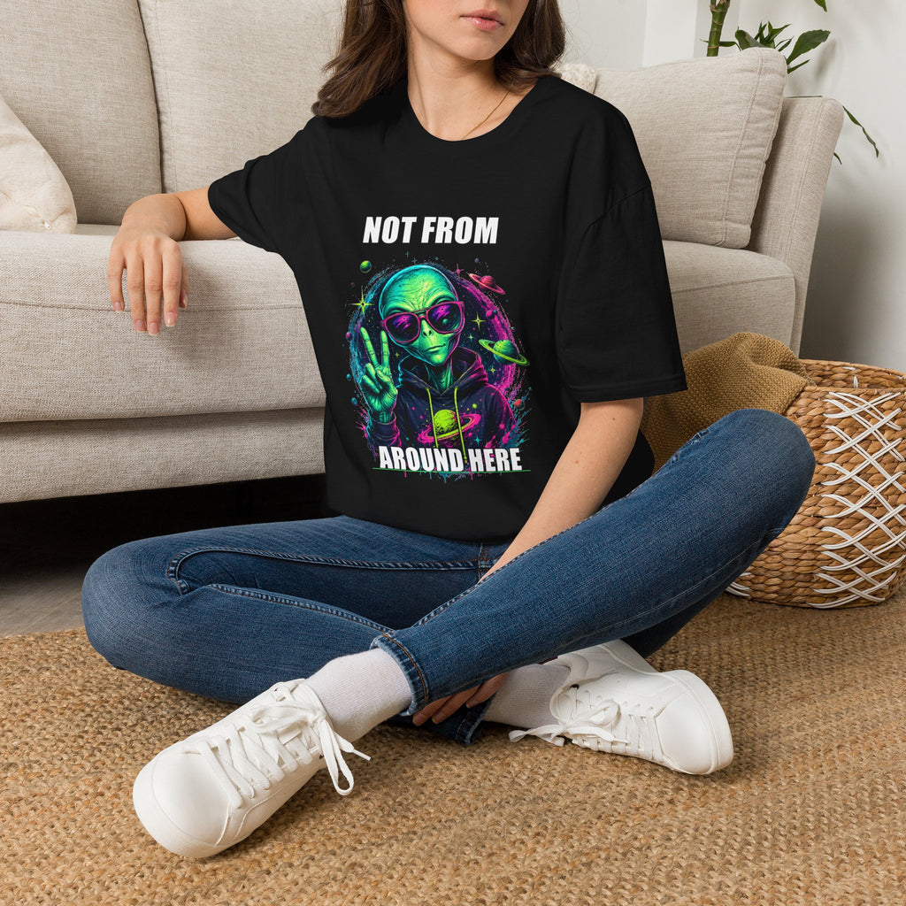 Not From Around Here Alien graphic T-Shirt | Retro Neon UFO Tee
