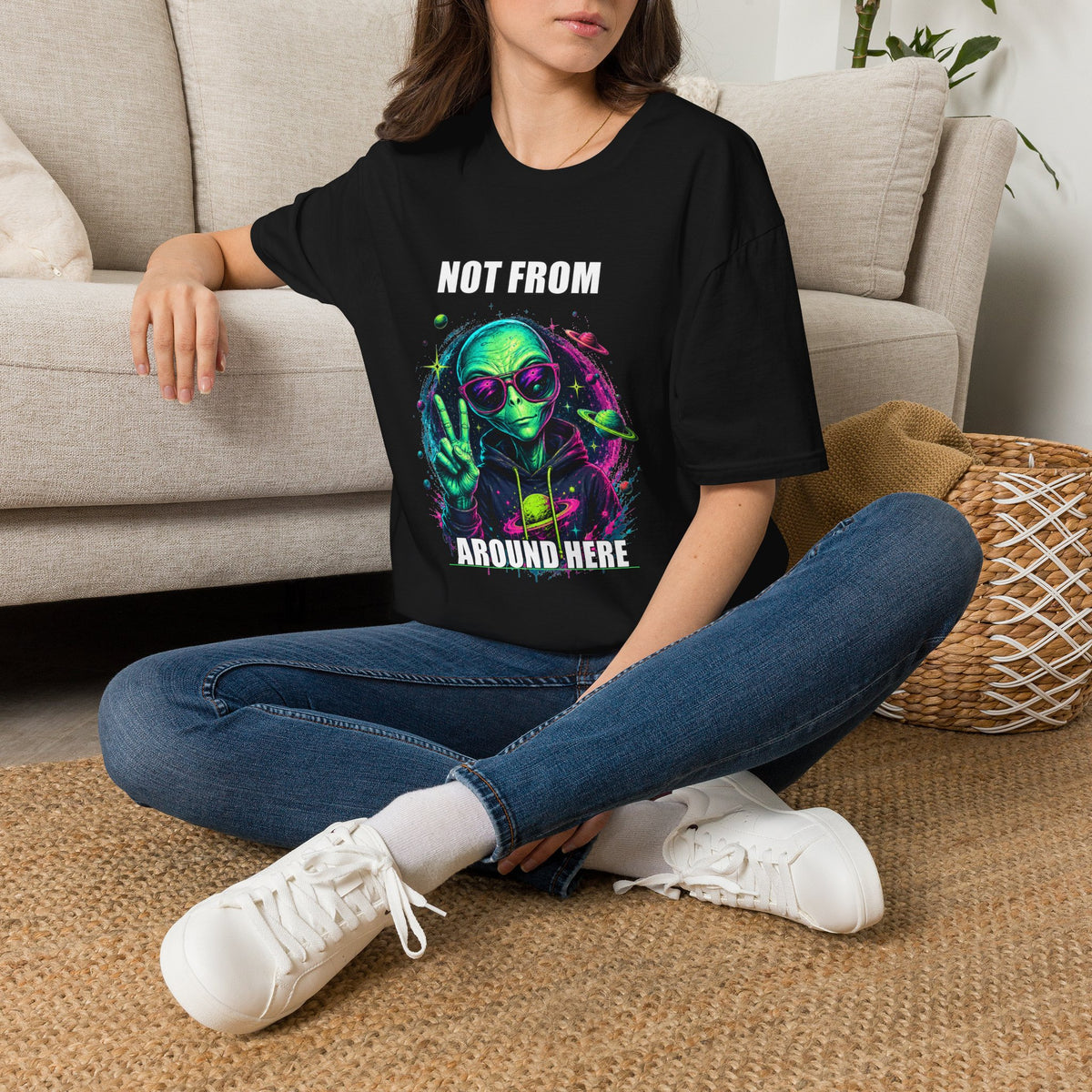 Not From Around Here Alien graphic T-Shirt | Retro Neon UFO Tee