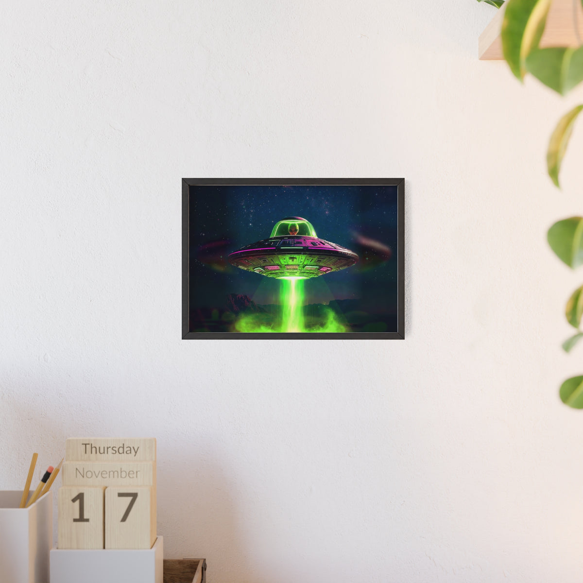 Neon UFO Abduction Poster with Wooden Frame | Alien Spaceship Wall Art