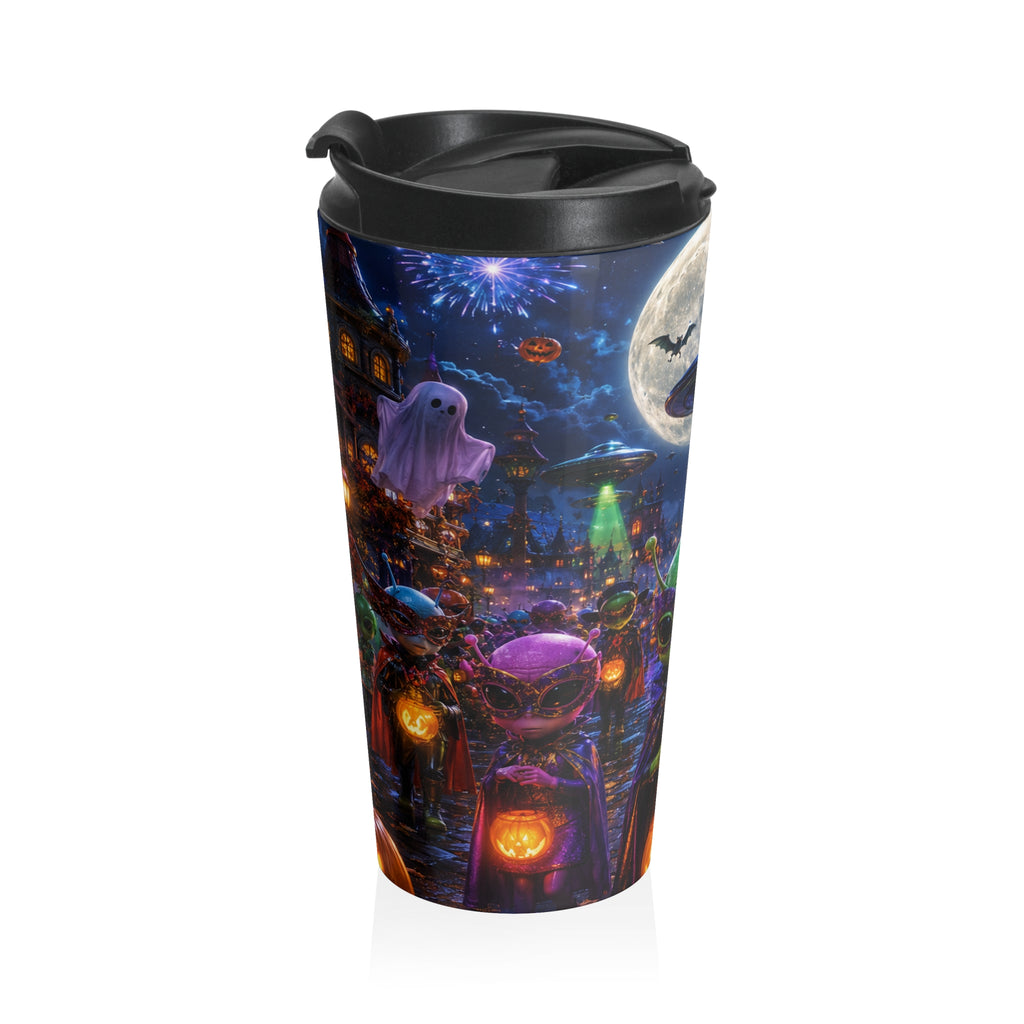 Side view of the travel mug showing a purple alien with a glowing pumpkin, a floating ghost and a UFO in the Halloween artwork.