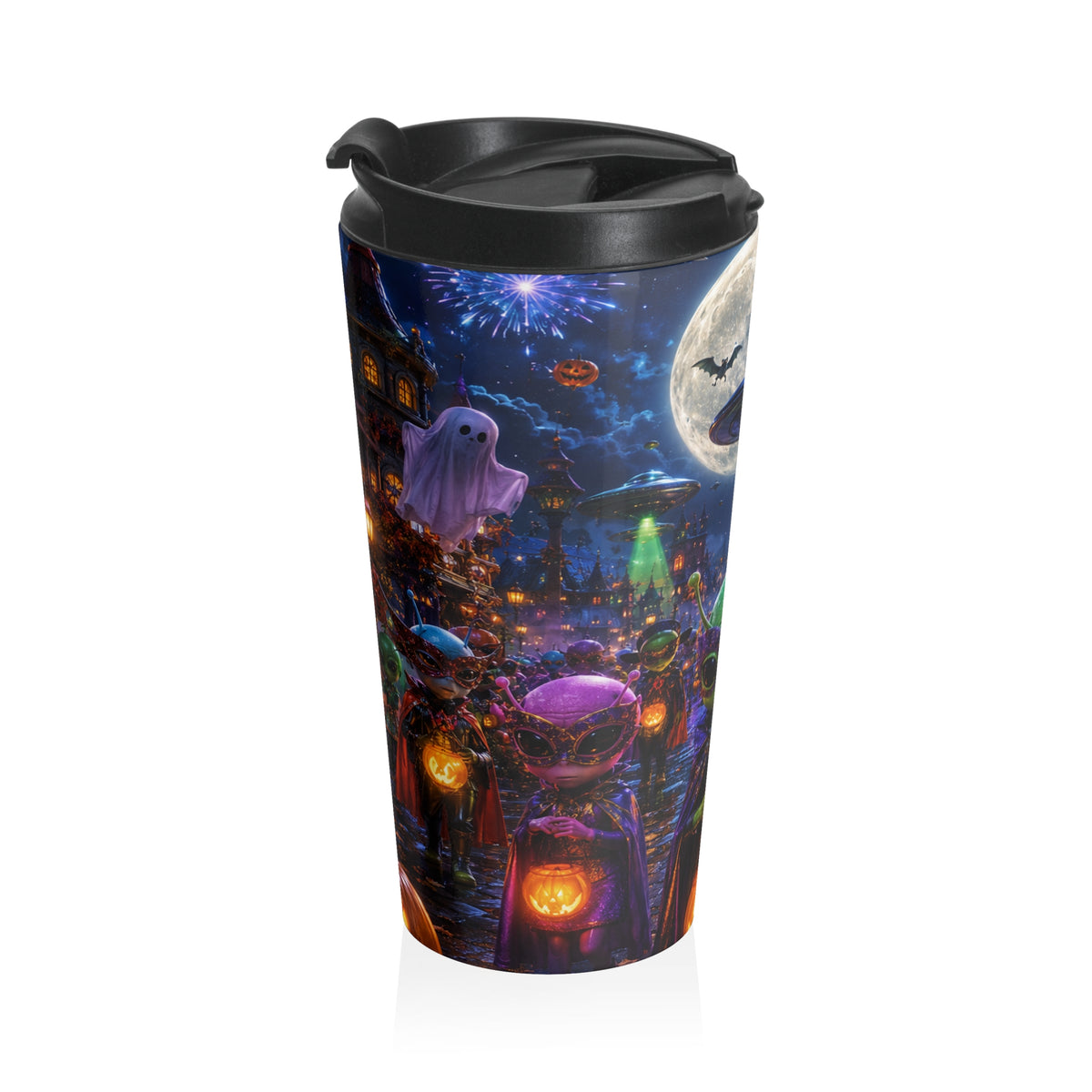 Side view of the travel mug showing a purple alien with a glowing pumpkin, a floating ghost and a UFO in the Halloween artwork.