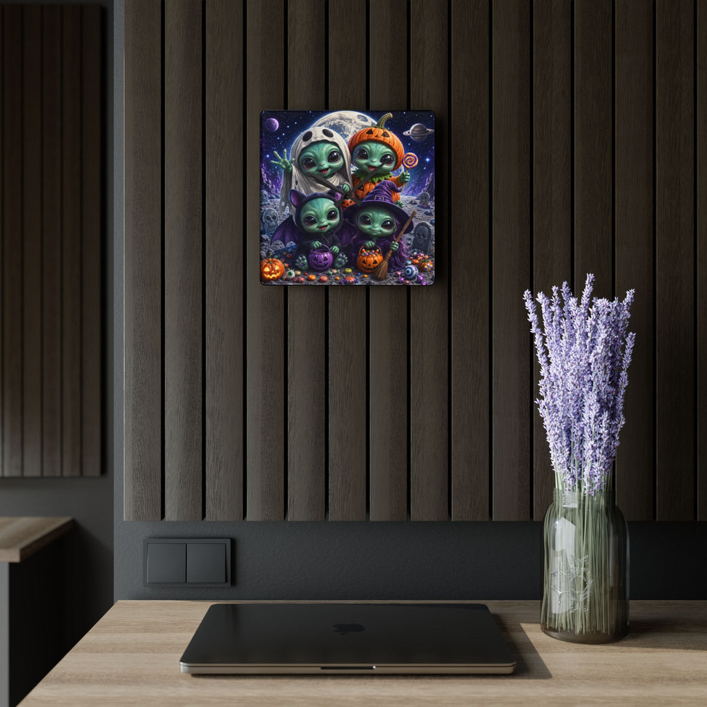 Alien Babies Halloween Acrylic Wall Clock | Cute Spooky Costume Artwork