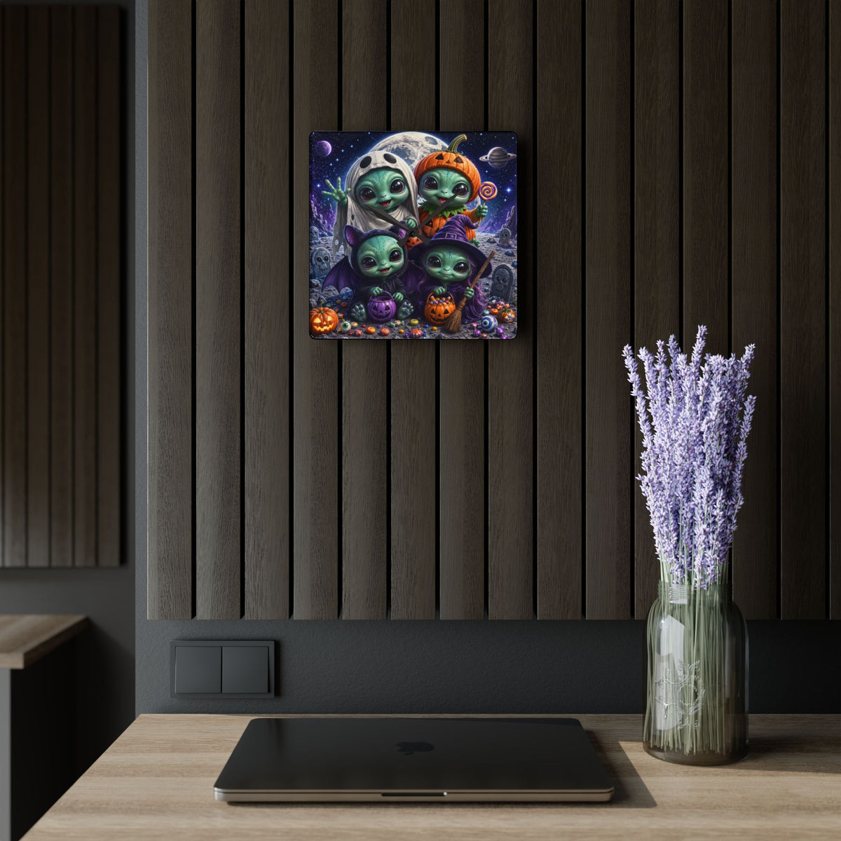 Alien Babies Halloween Acrylic Wall Clock | Cute Spooky Costume Artwork