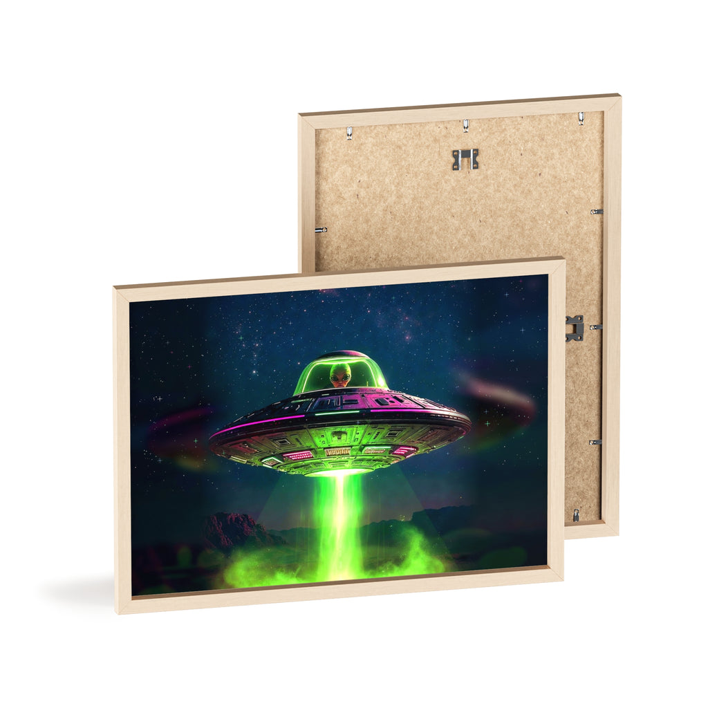 Neon UFO Abduction Poster with Wooden Frame | Alien Spaceship Wall Art