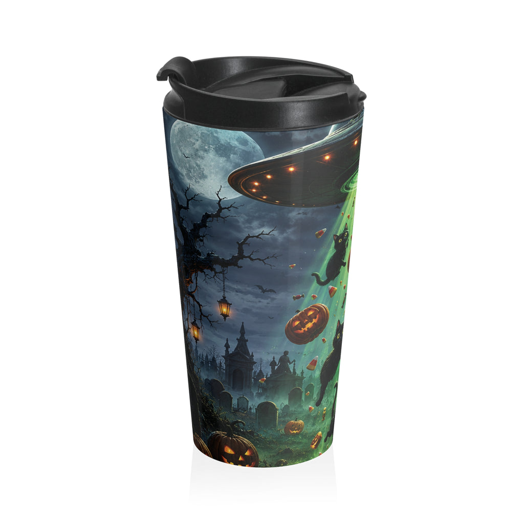 Side view of the Halloween travel mug showing a flying saucer, full moon and pumpkins above a moonlit graveyard