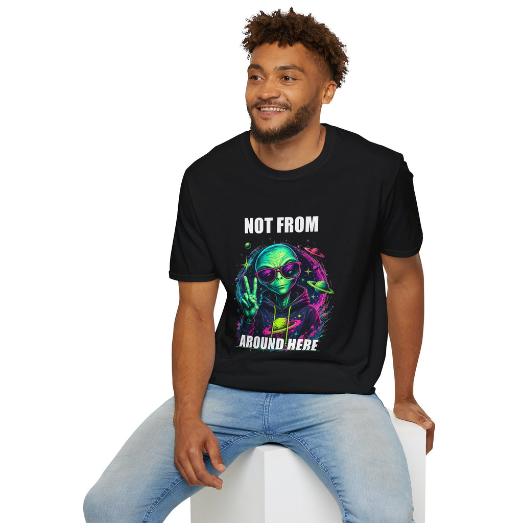 Not From Around Here Alien graphic T-Shirt | Retro Neon UFO Tee